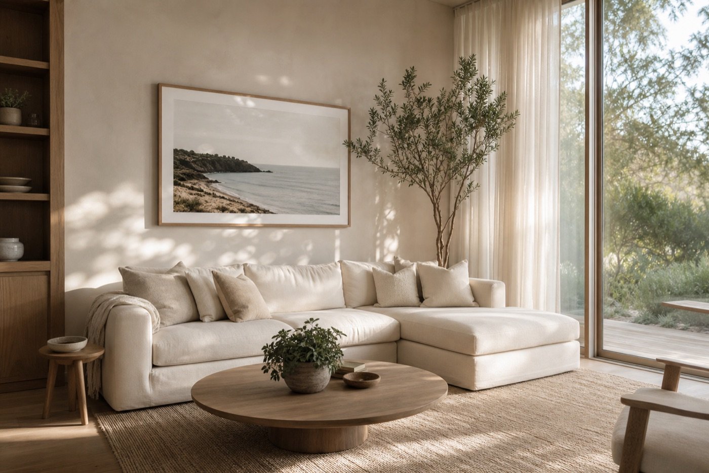 Bright modern living room with comfortable seating, natural light, and calm neutral tones.